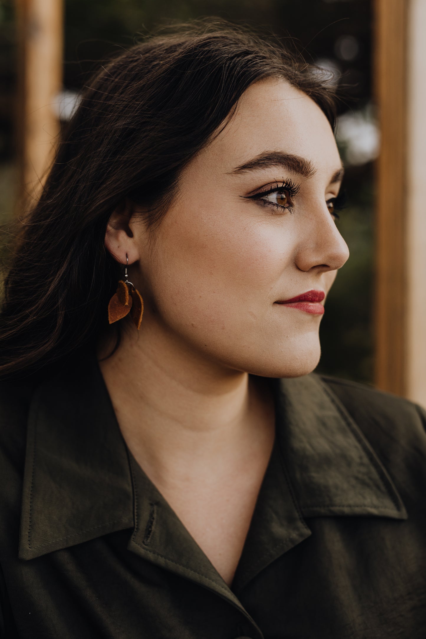 Three Leaves leather earring