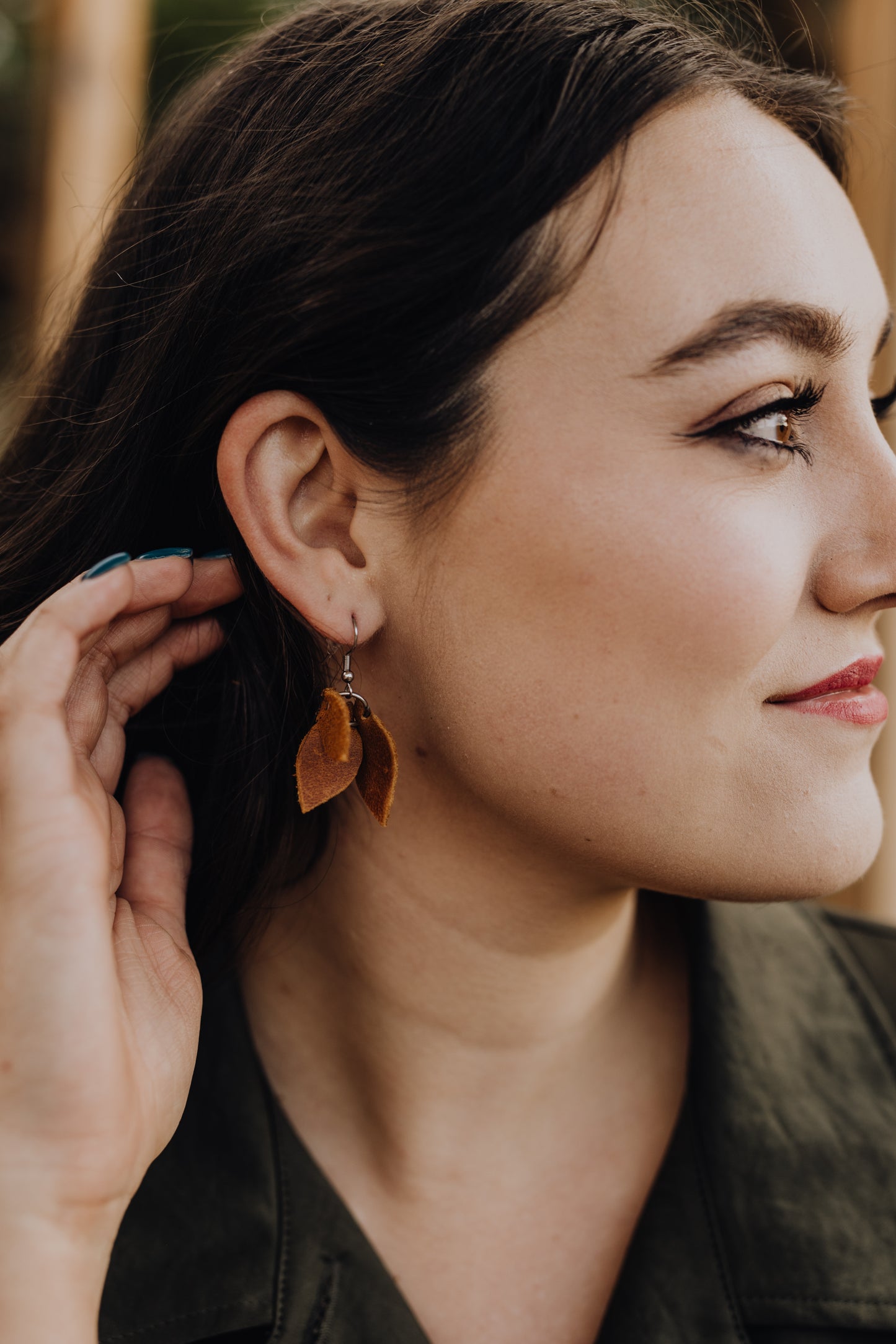 Three Leaves leather earring