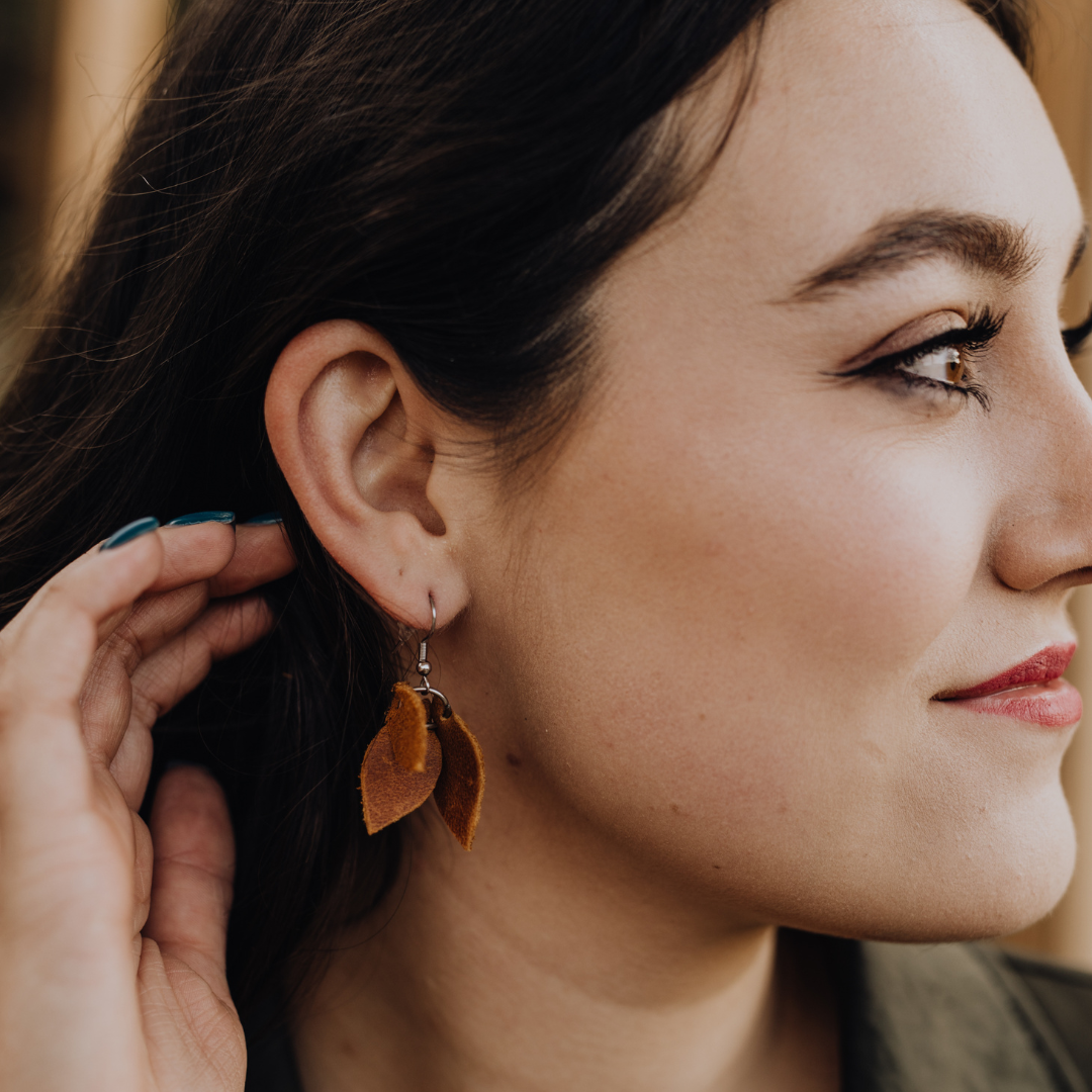 Three Leaves leather earring